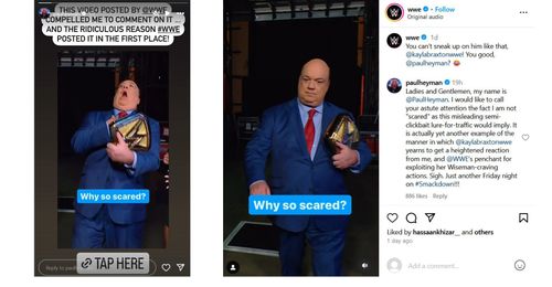 Screenshots of Paul Heyman's post to Instagram Stories and WWE's Reel