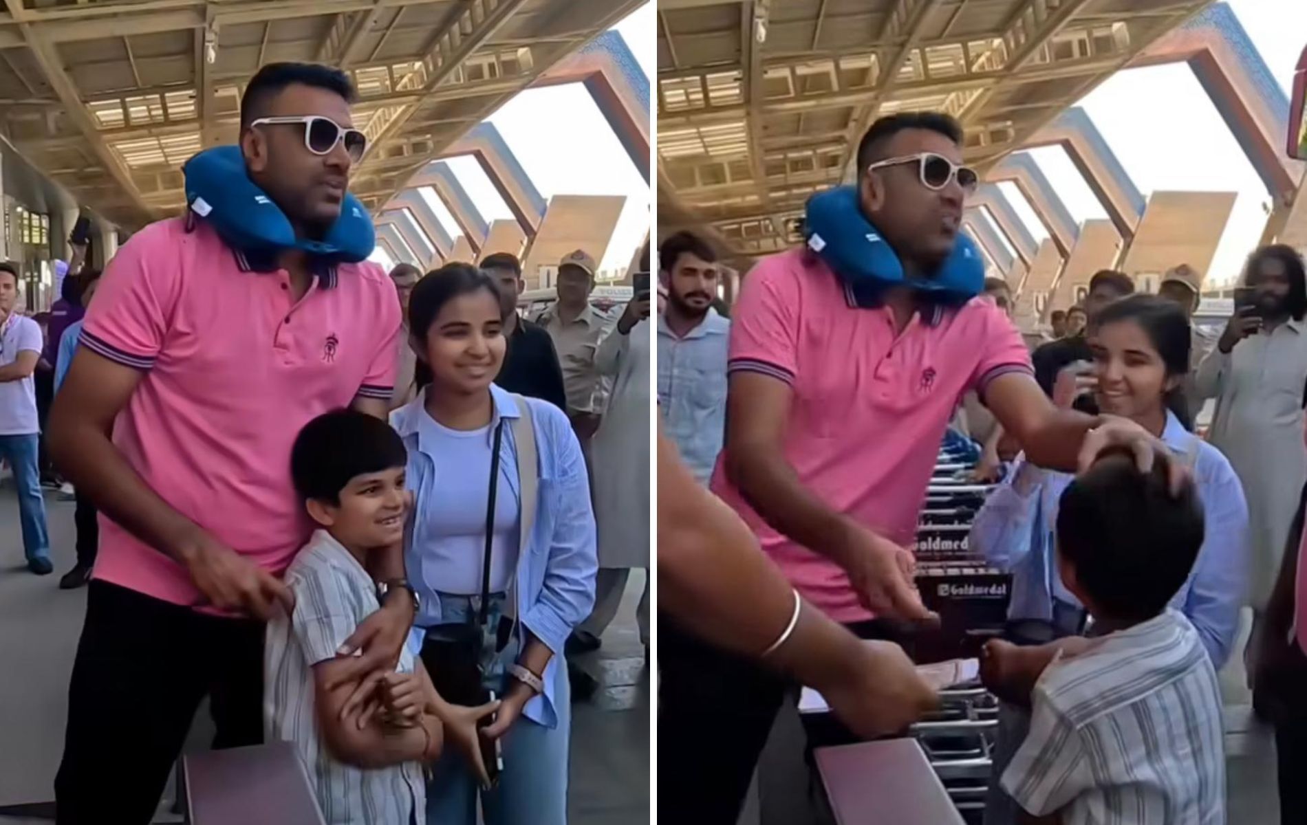 Ravichandran Ashwin posed for pictures with fans at the airport.