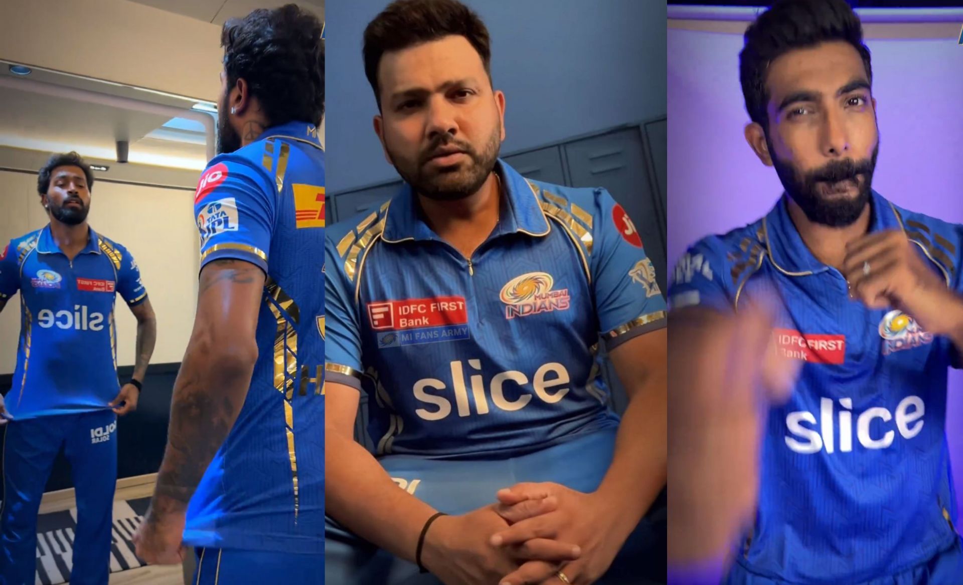 Hardik Pandya, Rohit Sharma and Jasprit Bumrah in MI jersey ahead of IPL 2024. 