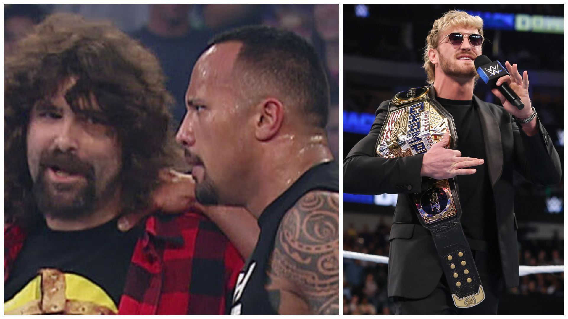 Mick Foley &amp; The Rock (left) and Logan Paul (right).