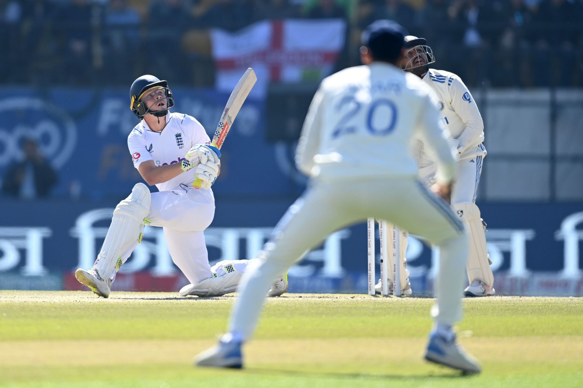 Ollie Pope was caught by Yashasvi Jaiswal off Ravichandran Ashwin&#039;s bowling.