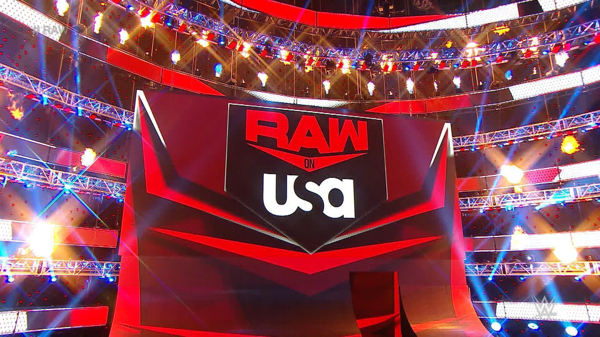 The official logos for WWE RAW and the USA Network on display