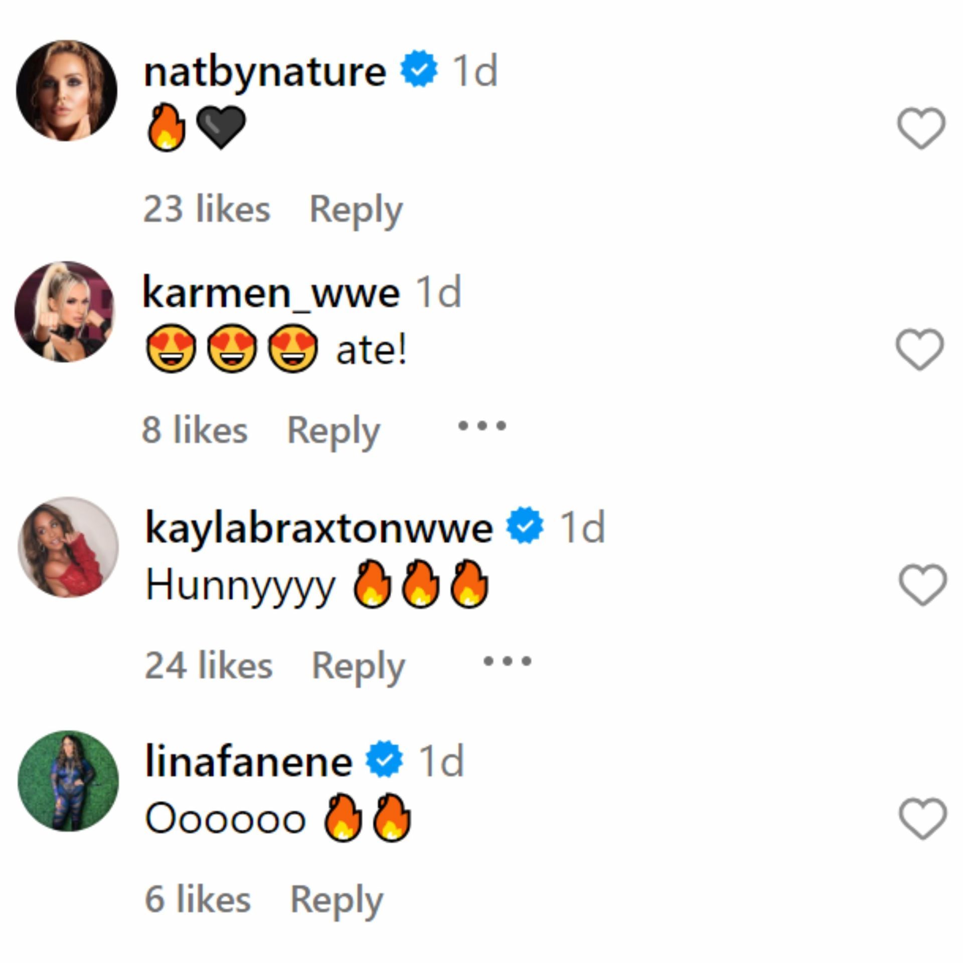 WWE Superstars comment on Elektra Lopez&#039;s post on Instagram.