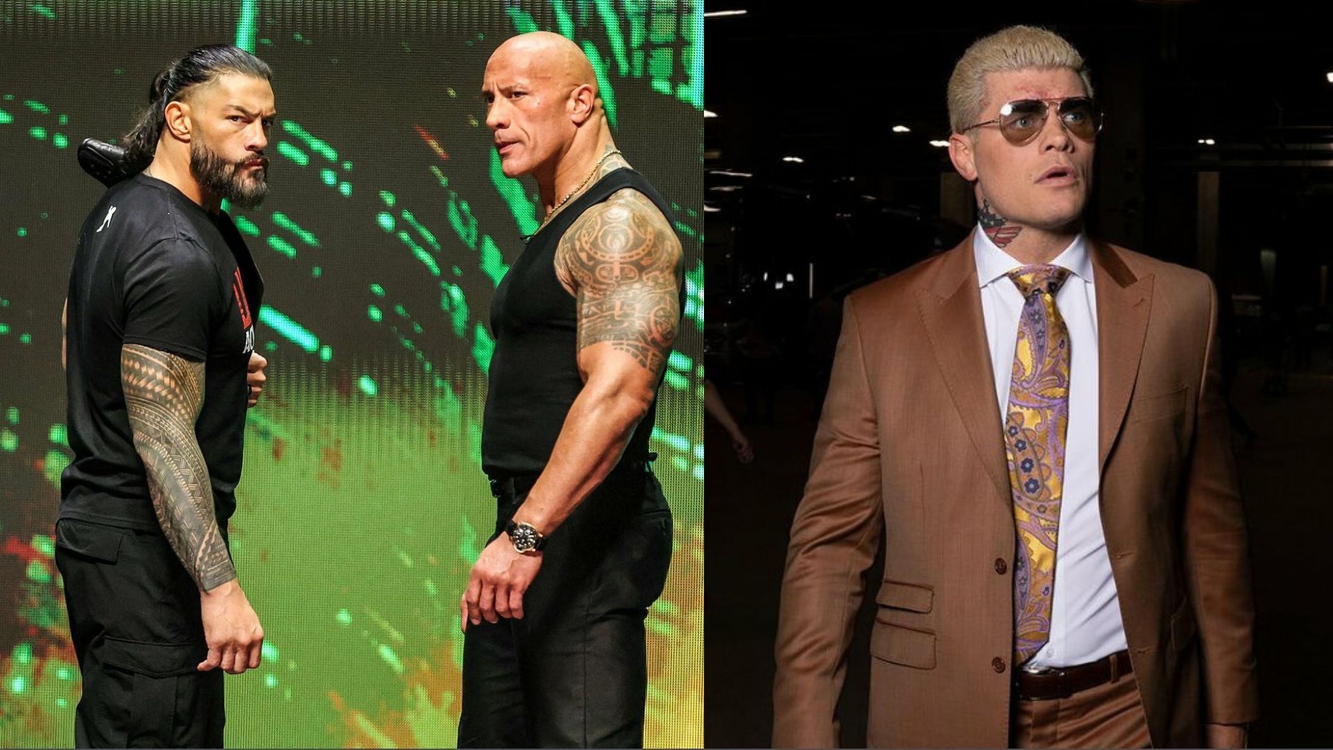 The Rock and Roman Reigns (left); Cody Rhodes (right) 