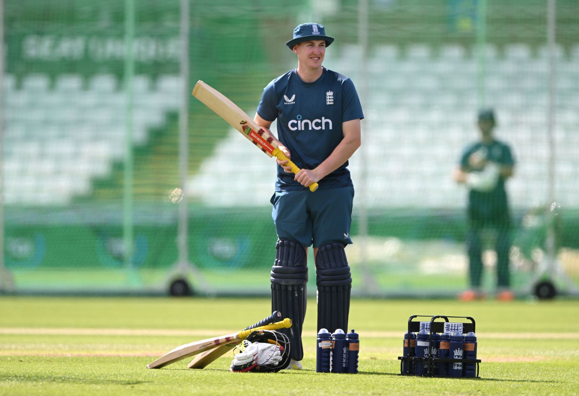 England batsman Harry Brook waits to bat during nets ahead of the 1st T20 I between England and New Zealand at Seat Unique Riverside on August 29, 2023 in Chester-le-Street, England.