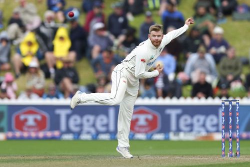 Glenn Phillips of New Zealand bowls during day three of the First Test in the series between New Zealand and Australia at Basin Reserve on Saturday in Wellington, New Zealand.