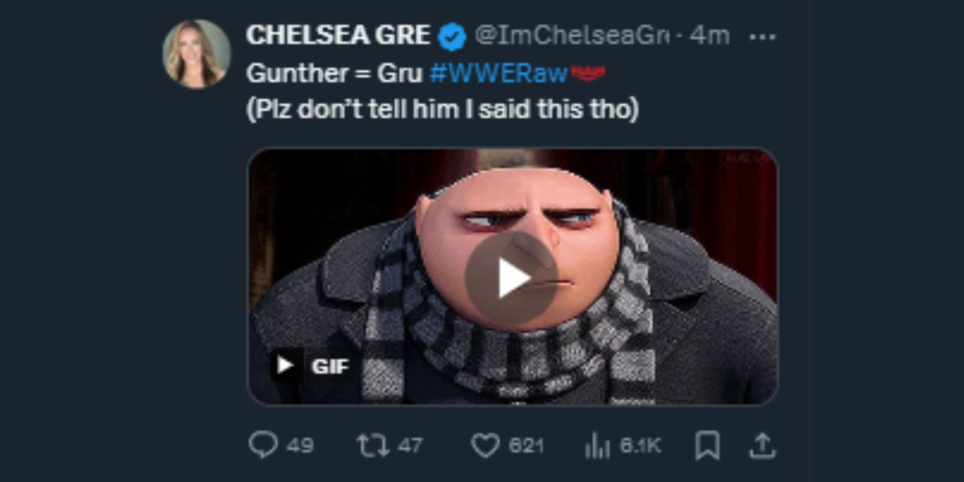 Here&#039;s the screengrab of Chelsea Green comparing Gunther to Gru