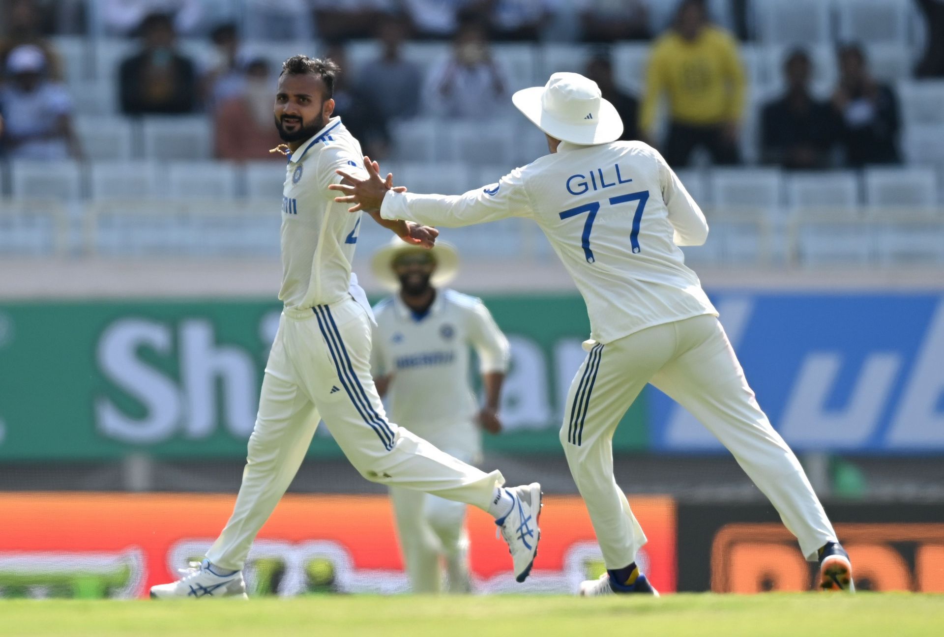 Akash Deep celebrates the wicket of Zak Crawley in Ranchi.