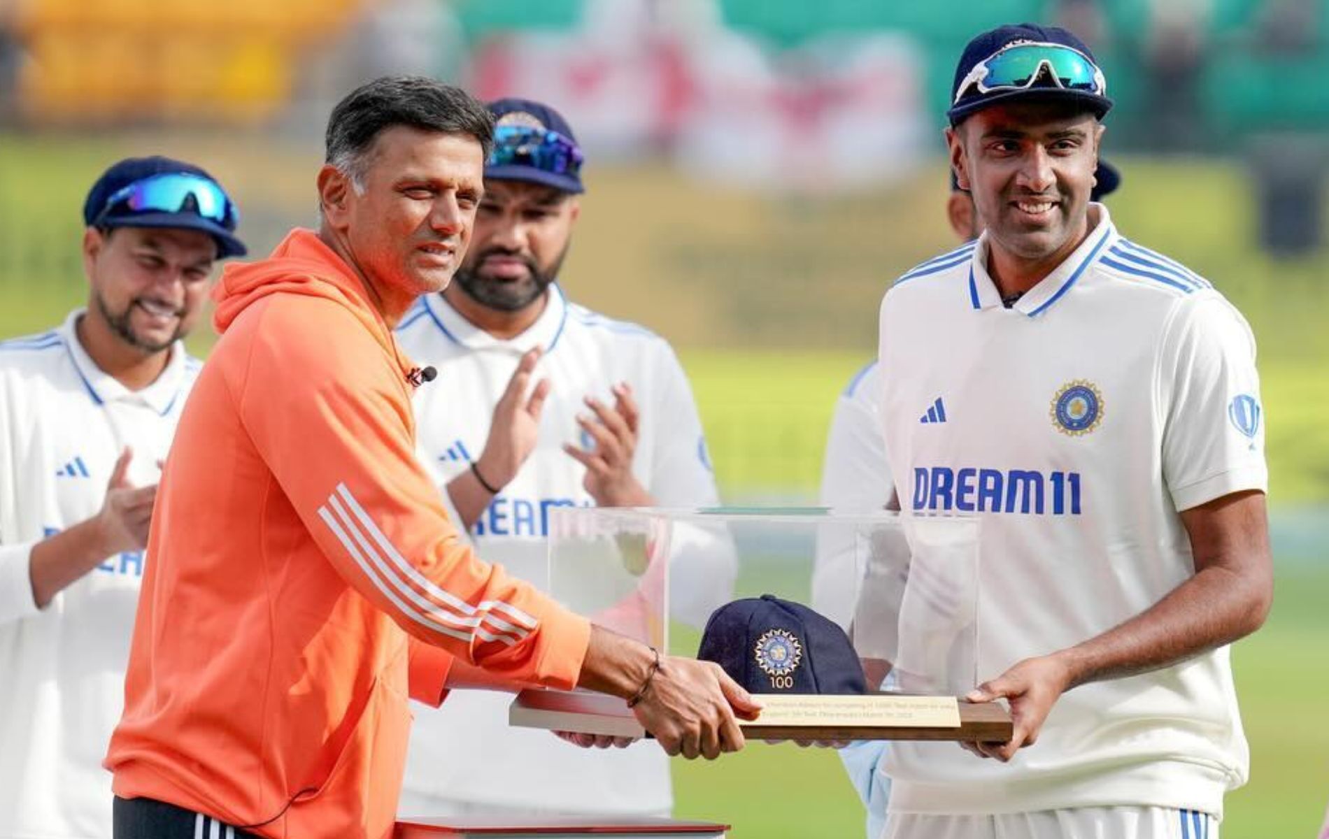 Ravichandran Ashwin received his 100th Test cap from Rahul Dravid. 