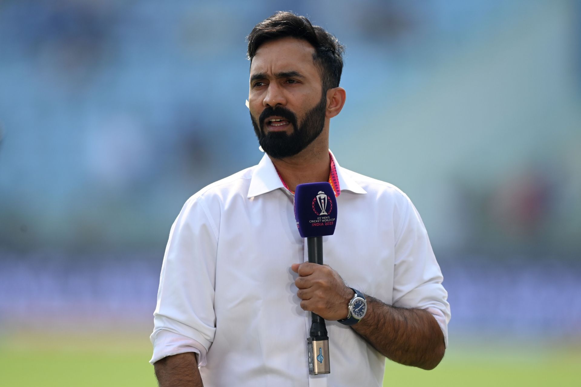 Former Indian cricketer and commentator Dinesh Karthik during the ICC Men's Cricket World Cup India 2023 between India and England at BRSABVE Cricket Stadium.