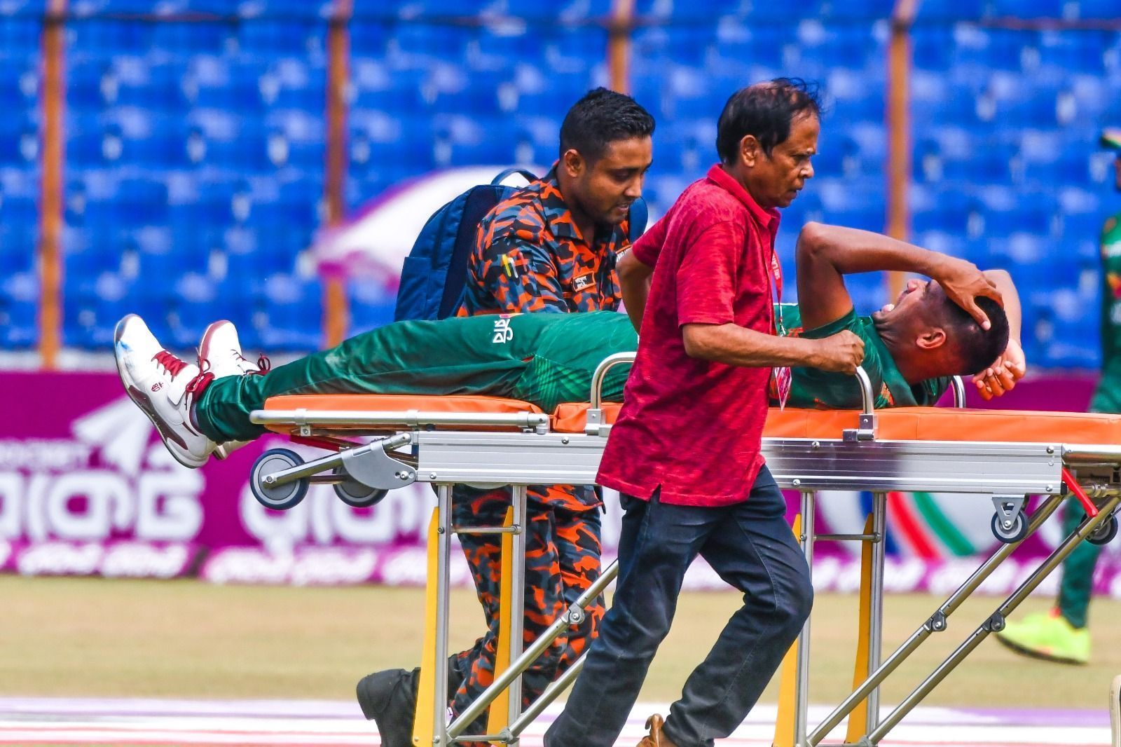 Bangladesh pacer Mustafizur Rahman was stretchered off the field during the third ODI against Sri Lanka at the Zahur Ahmed Chowdhury Stadium in Chattogram on Monday