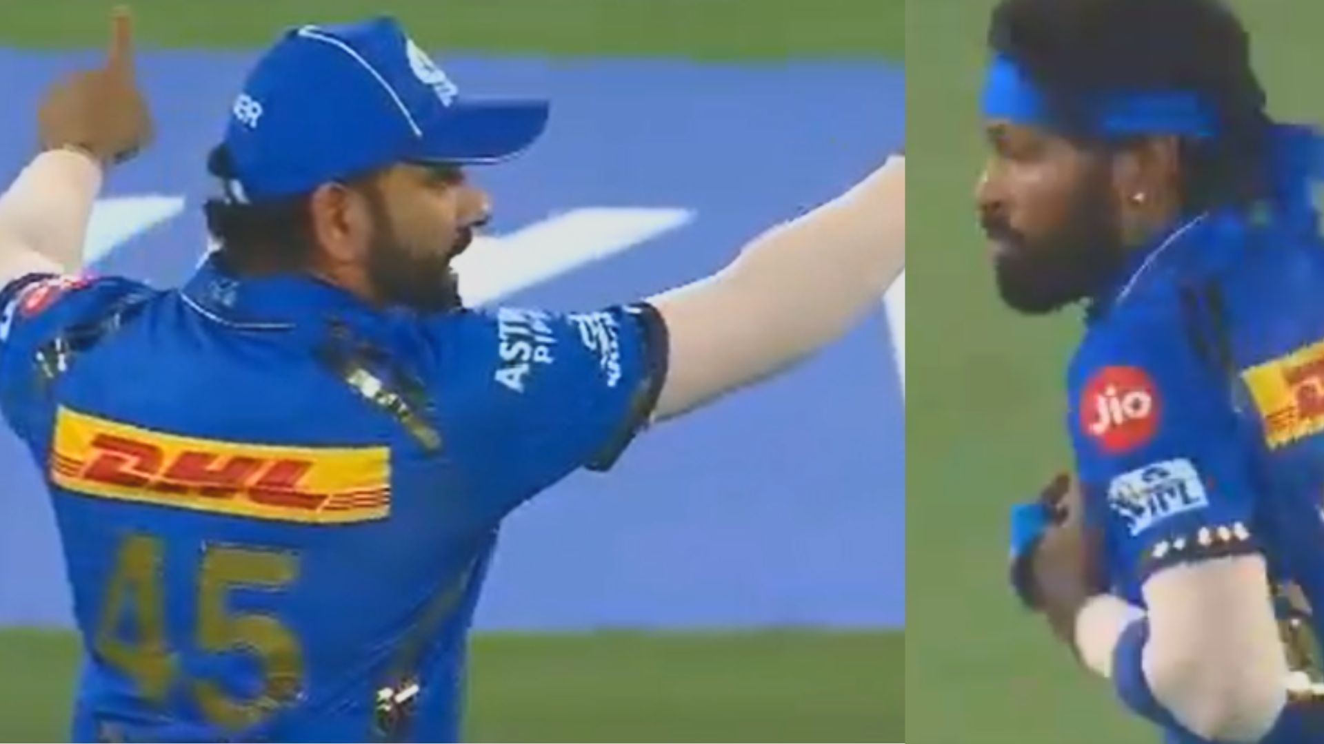 Rohit Sharma (left) setting the field during an IPL match. (Image Credit: JioCinema screen grab)