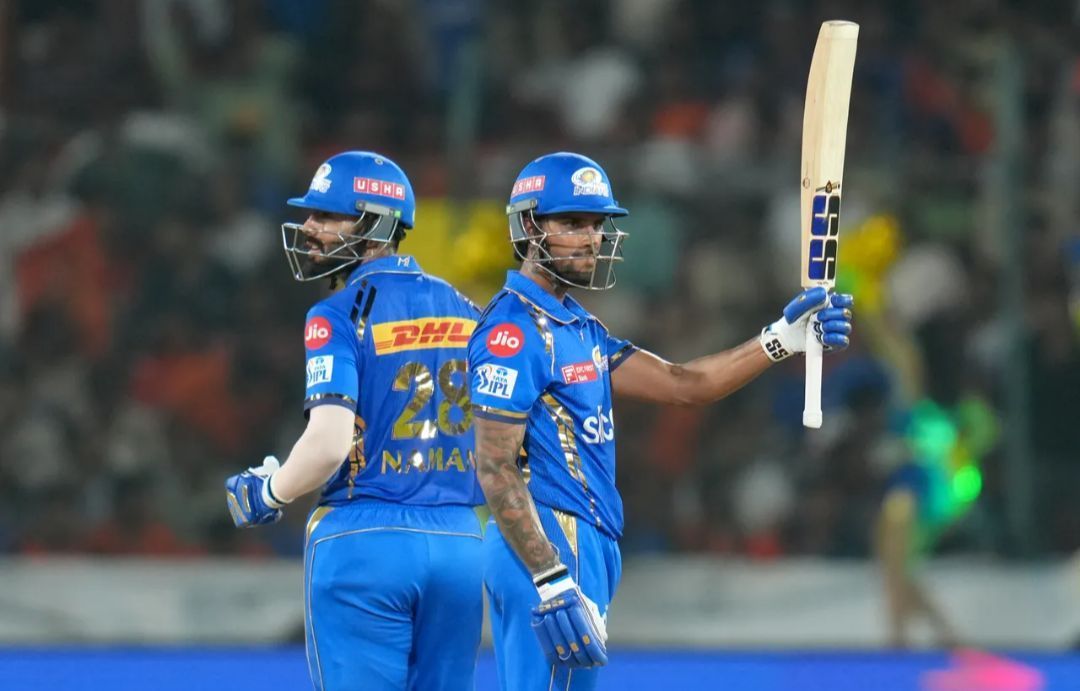 Tilak Varma acknowledging his fifty at his local ground