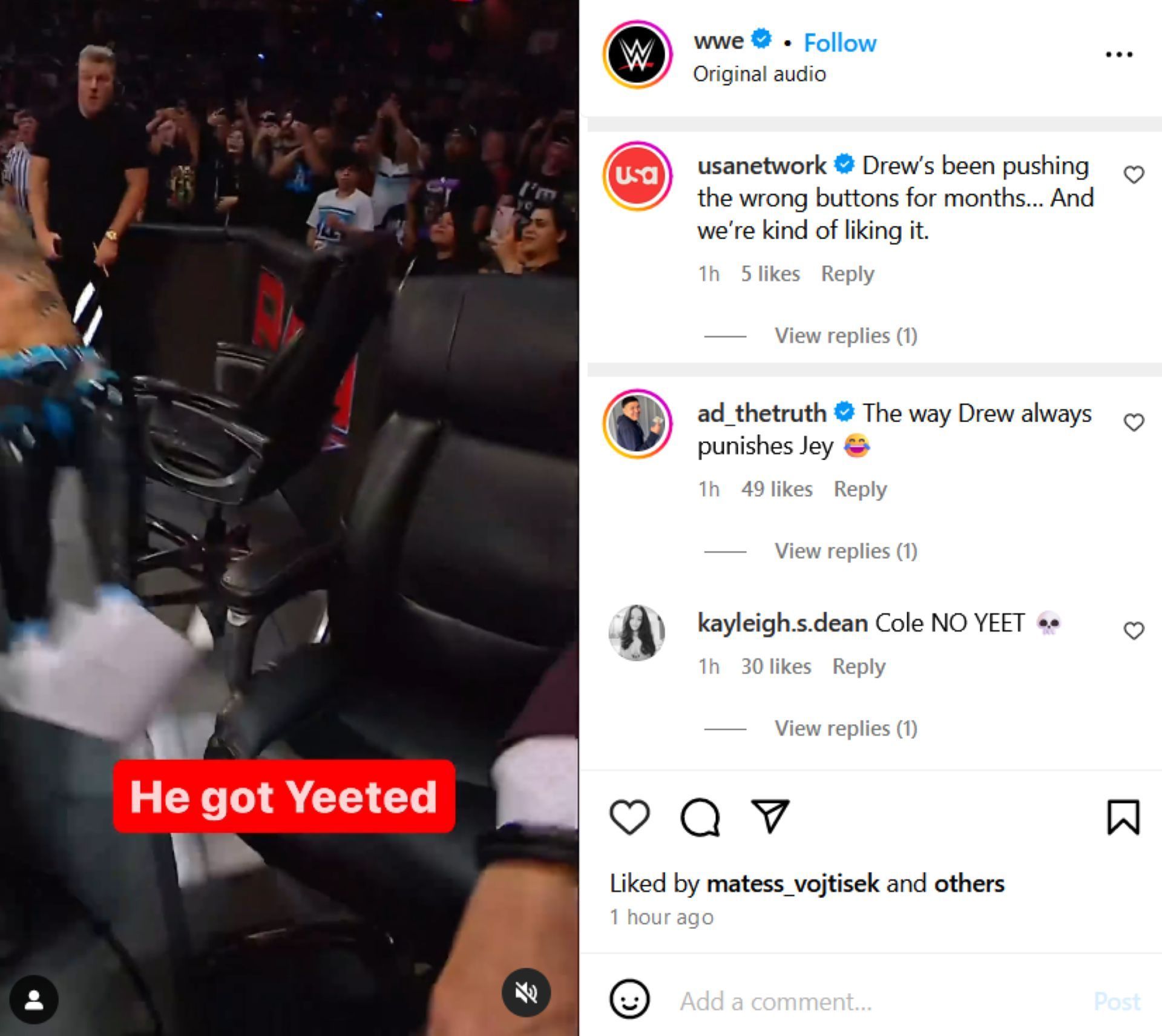 Screenshot of the USA Network&#039;s comment on Drew McIntyre&#039;s Instagram post