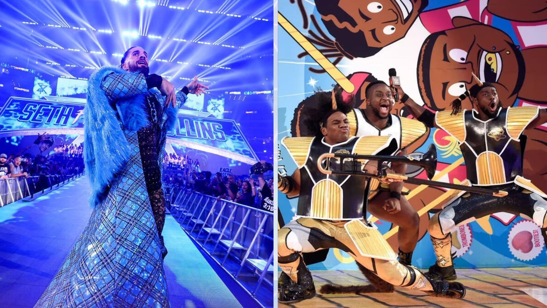 Seth Rollins (left) and The New Day (right) have had two of the greatest wrestling gears of all-time at Wrestlemania