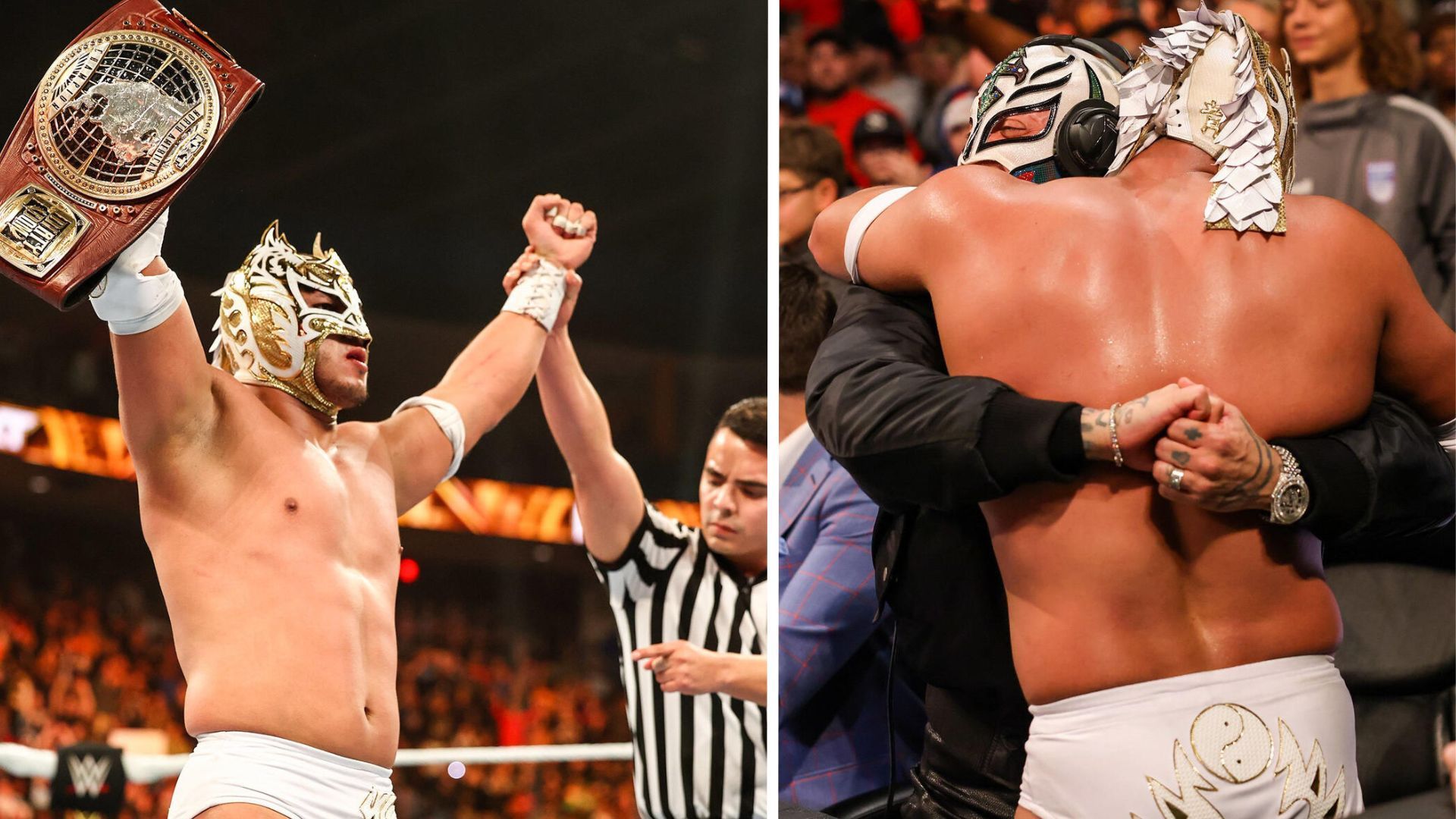 Dragon Lee celebrates his North American title win with Rey Mysterio