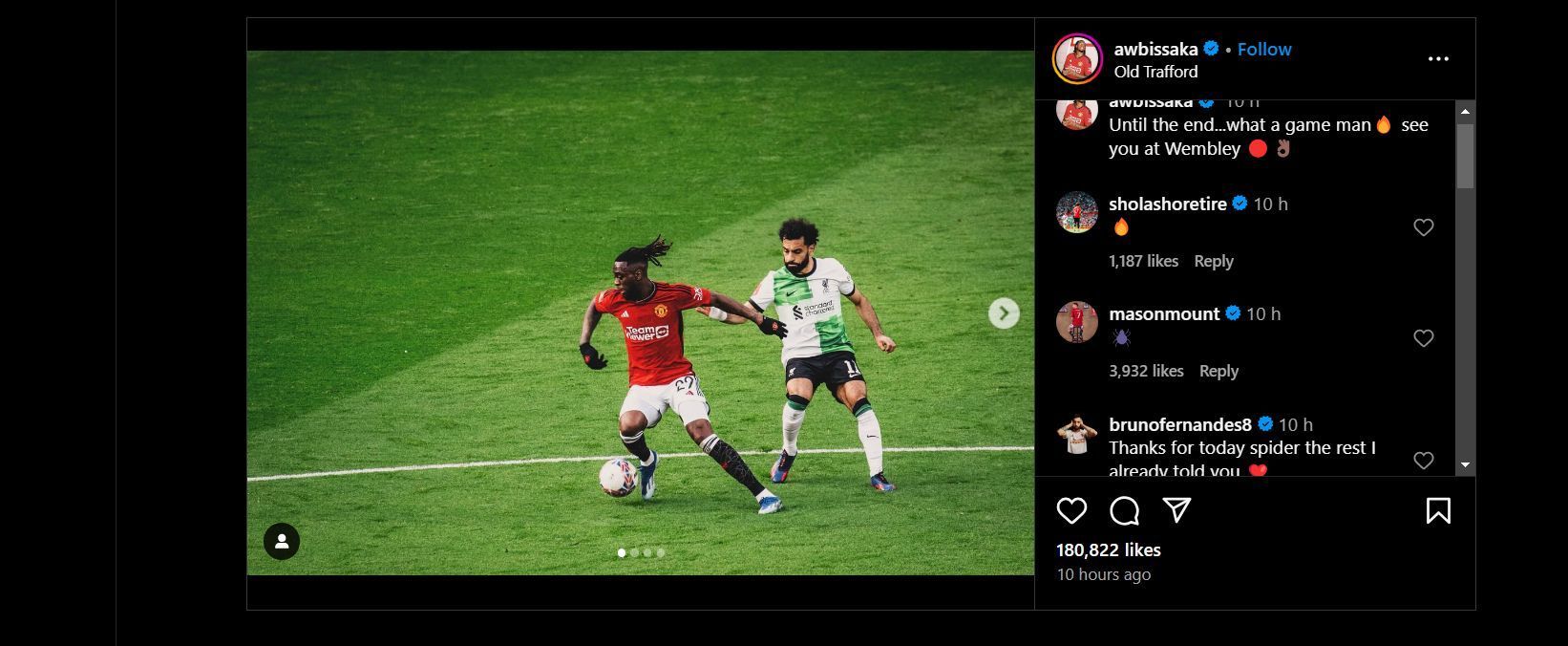 Screenshot of Fernandes&#039; comment on Wan-Bissaka&#039;s IG post