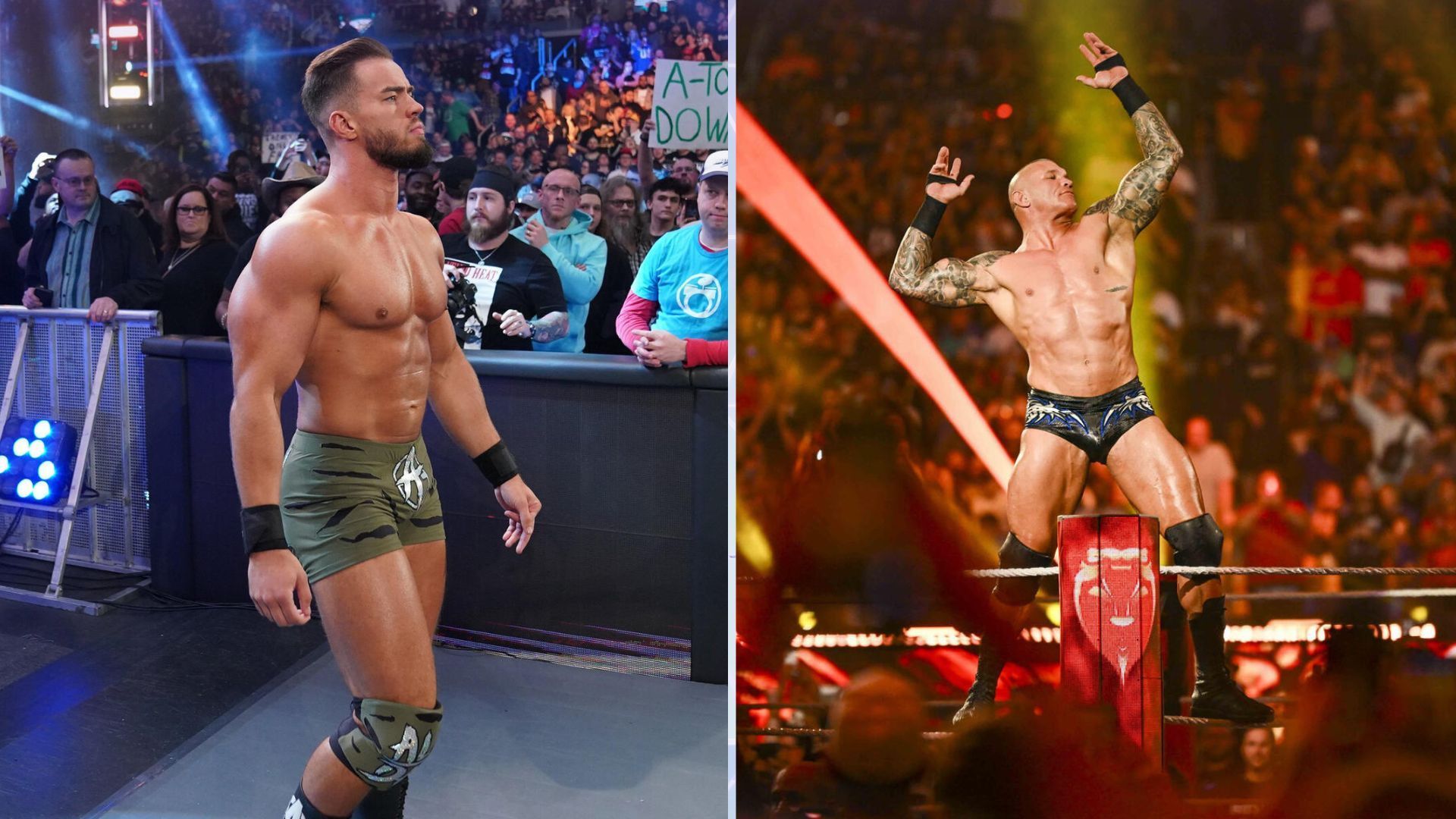 Austin Theory (left); Randy Orton (right)