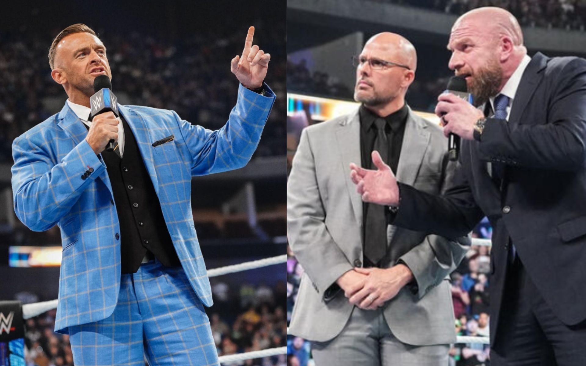 Nick Aldis, Adam Pearce and Triple H on SmackDown in October 2023 (Image source: WWE)