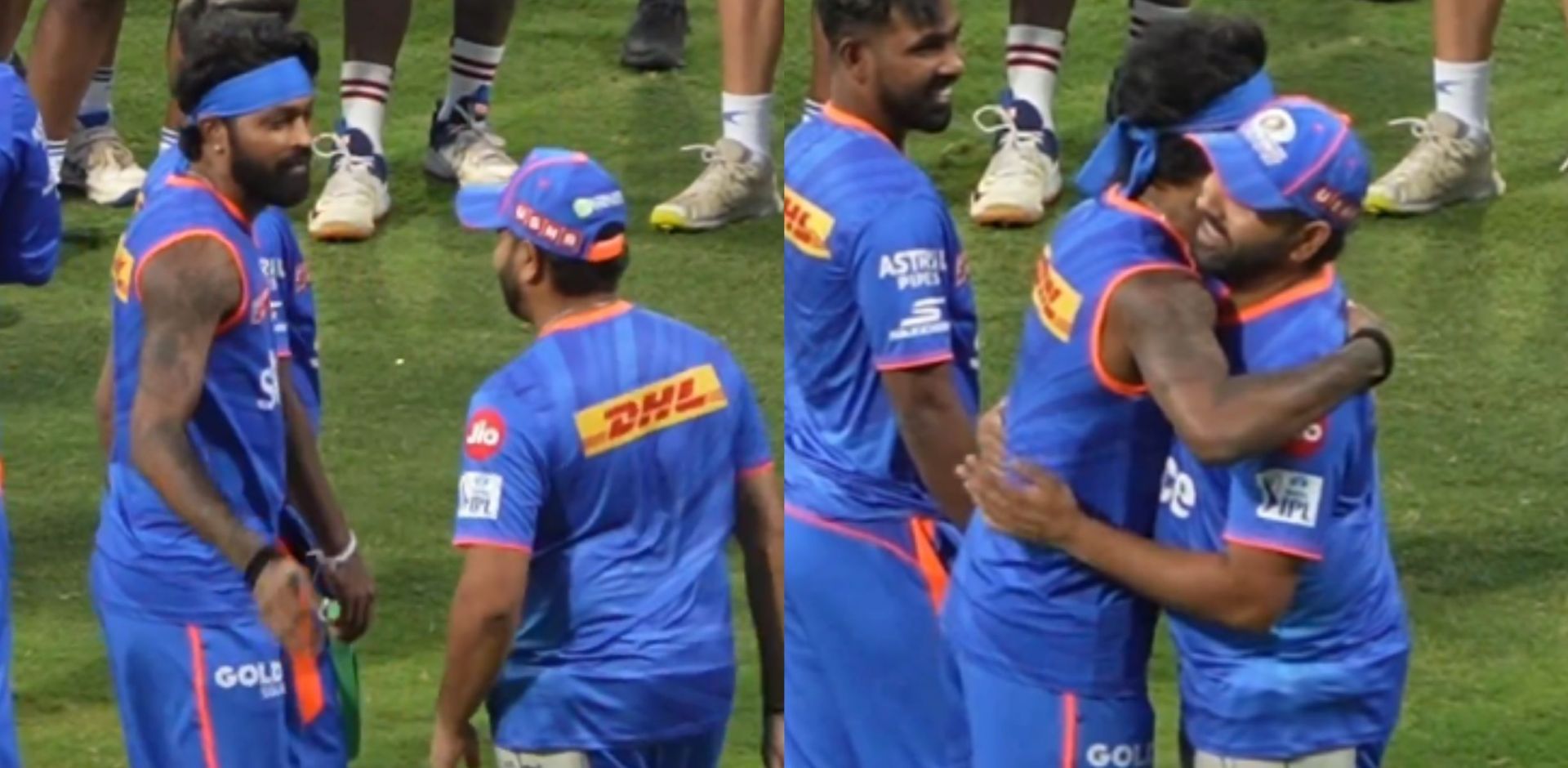 Mumbai Indians skipper Hardik Pandya hugged former captain Rohit Sharma when the duo met each other on the field during the training session on Wednesday, March 20