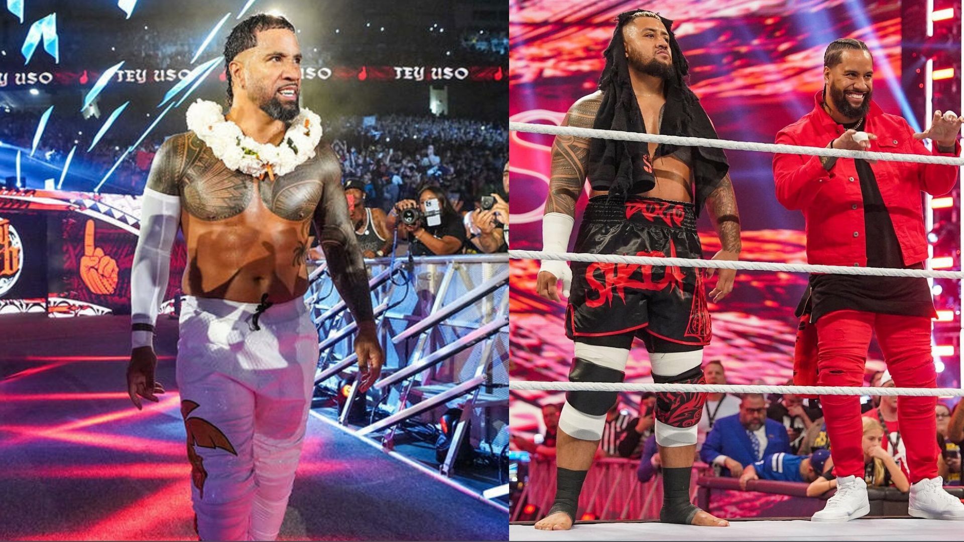 Jey Uso (left); Solo Sikoa and Jimmy Uso (right)