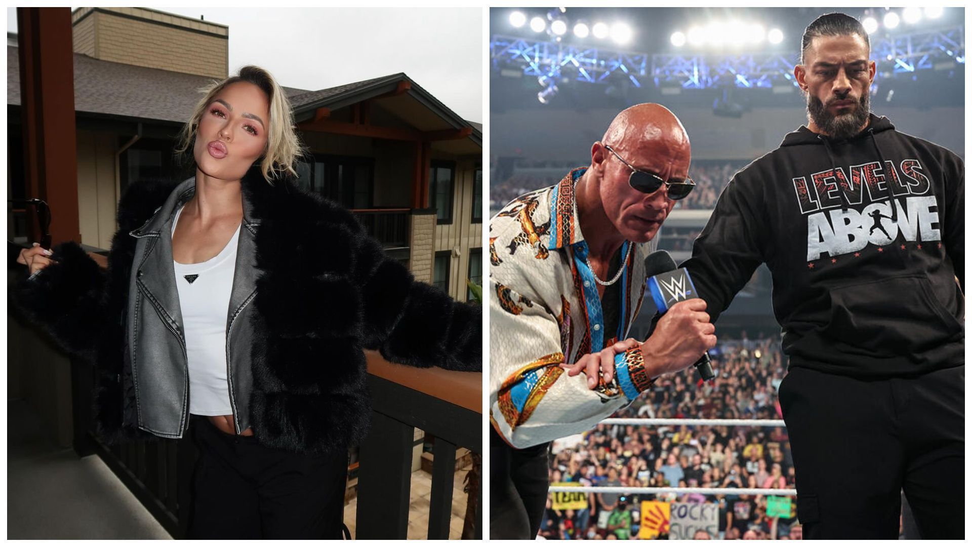 Maxxine Dupri (left), and The Rock &amp; Roman Reigns on WWE SmackDown (right).