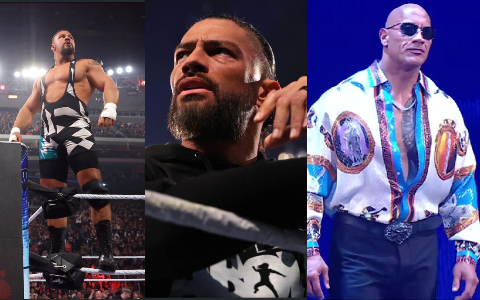 (Left to right): Bron Breakker, Roman Reigns and The Rock from SmackDown this week 