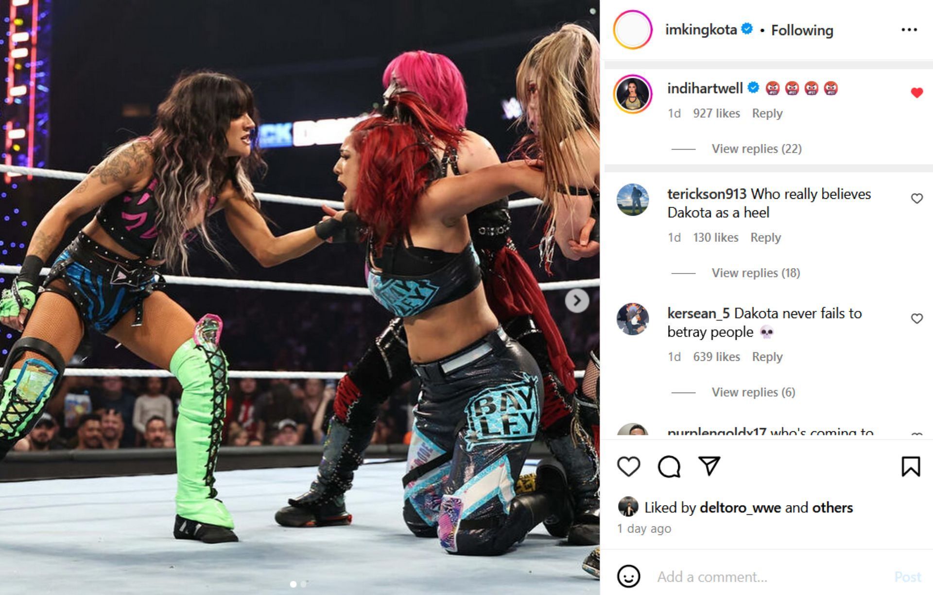 Screenshot of Indi Hartwell&#039;s comment on Dakota Kai&#039;s Instagram post