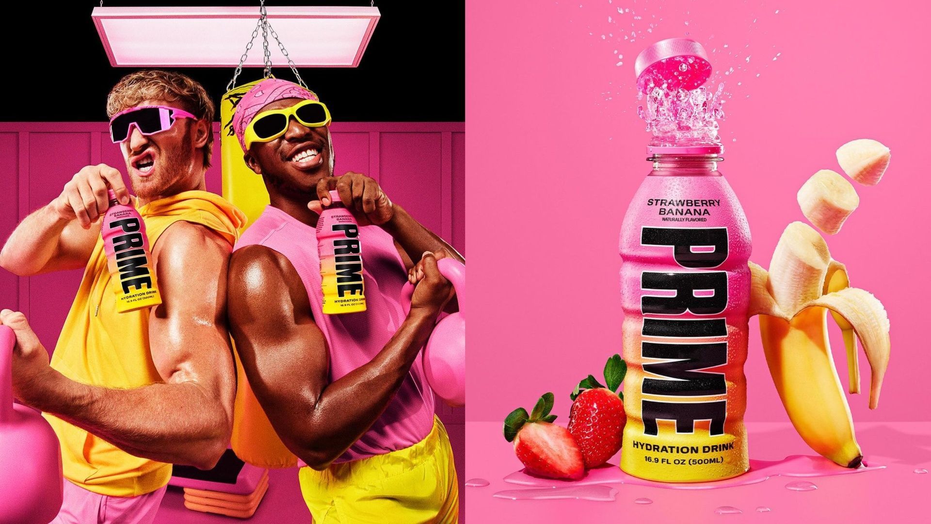 Logan Paul and KSI in a promotional photoshoot for Prime drink.