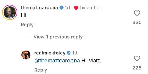 Screengrab of Matt Cardona commenting on Mick Foley's post on Instagram