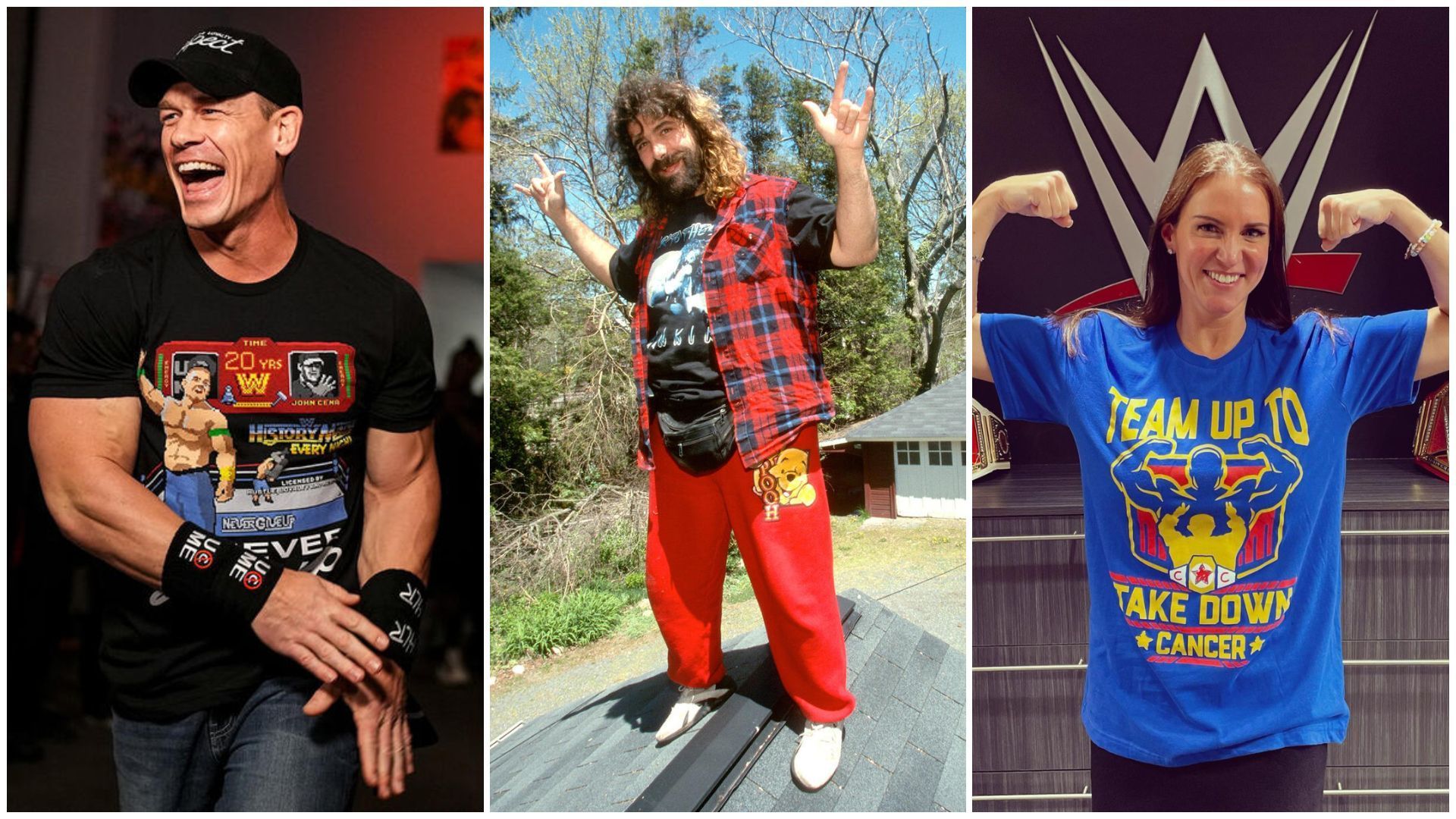 John Cena (left), Mick Foley (center), and Stephanie McMahon (right)