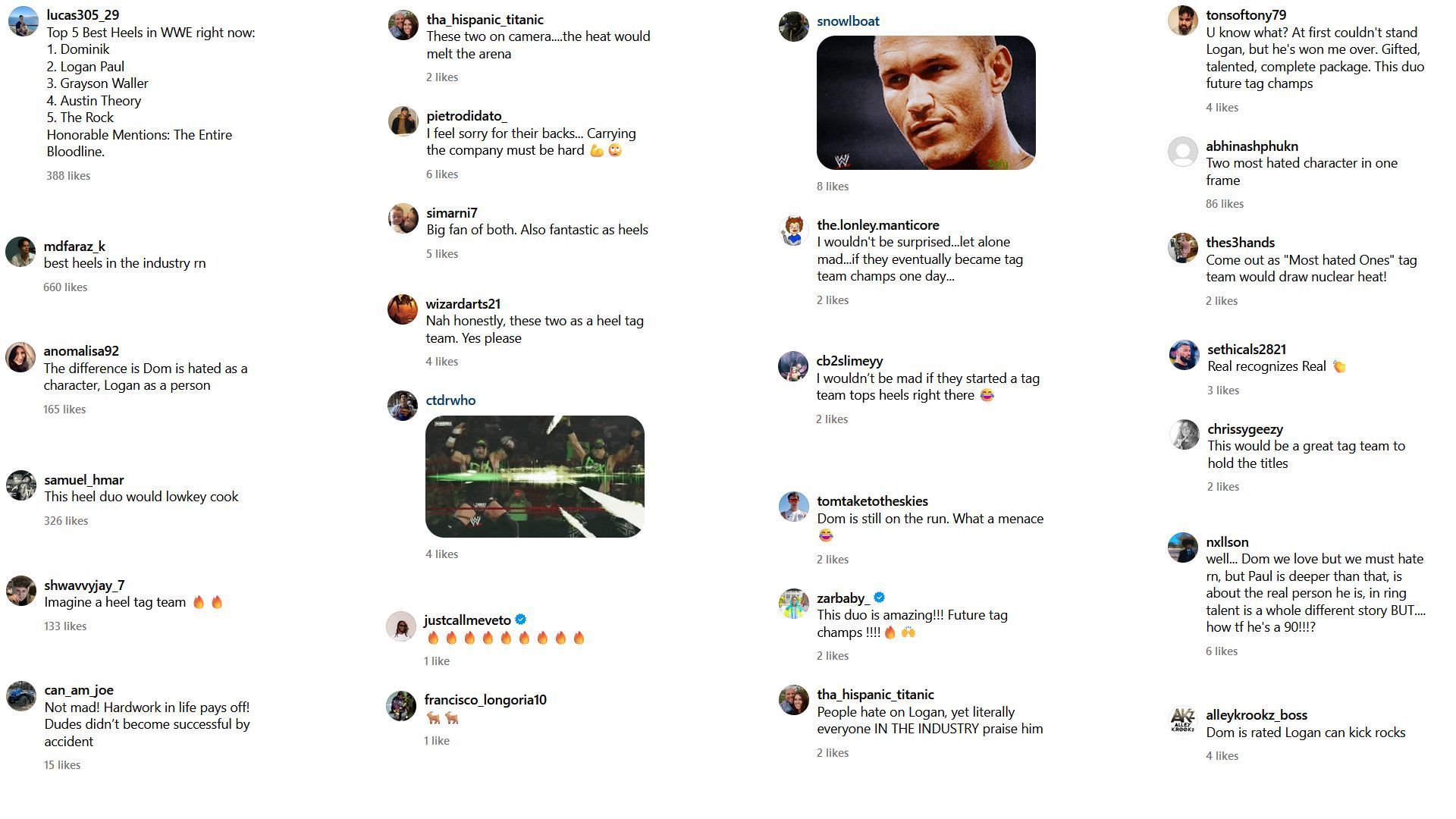 Screenshots of fans react on Instagram to potential tag team with Logan Paul and Dominik Mysterio