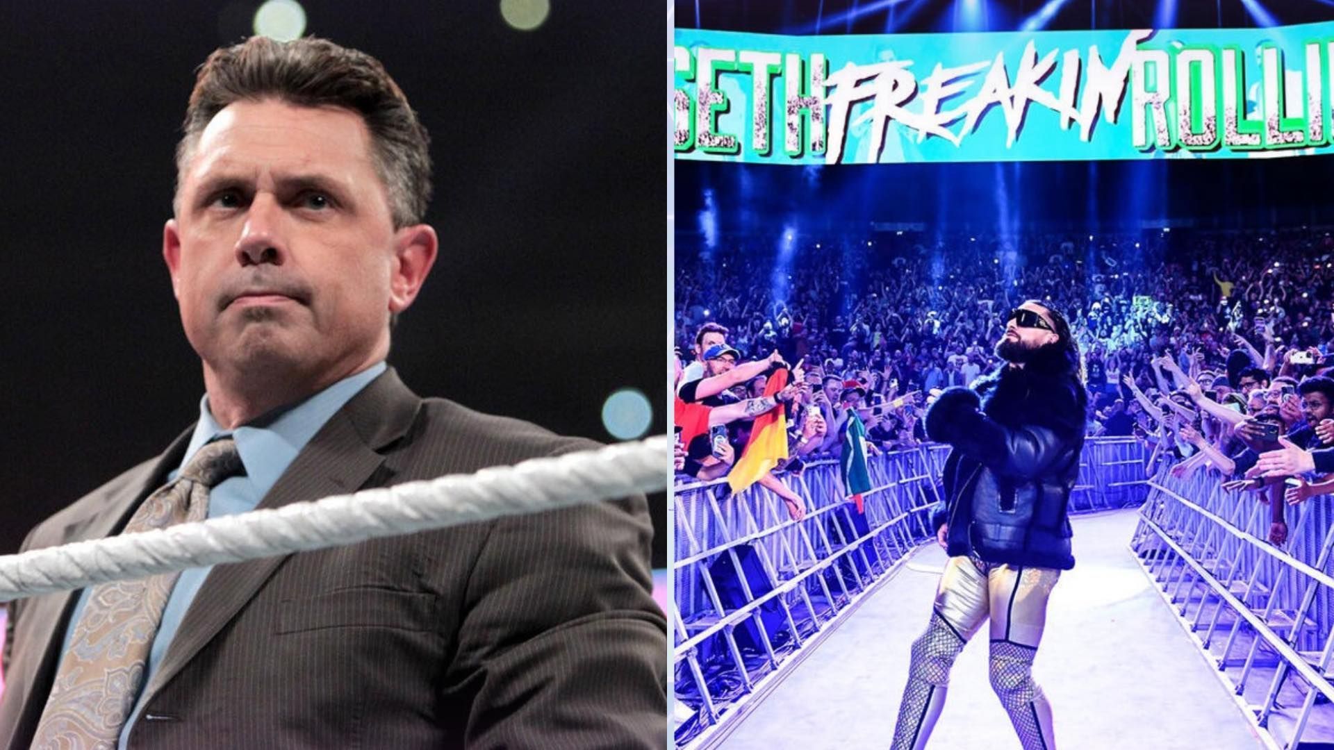 Michael Cole (left); Seth Rollins (right)