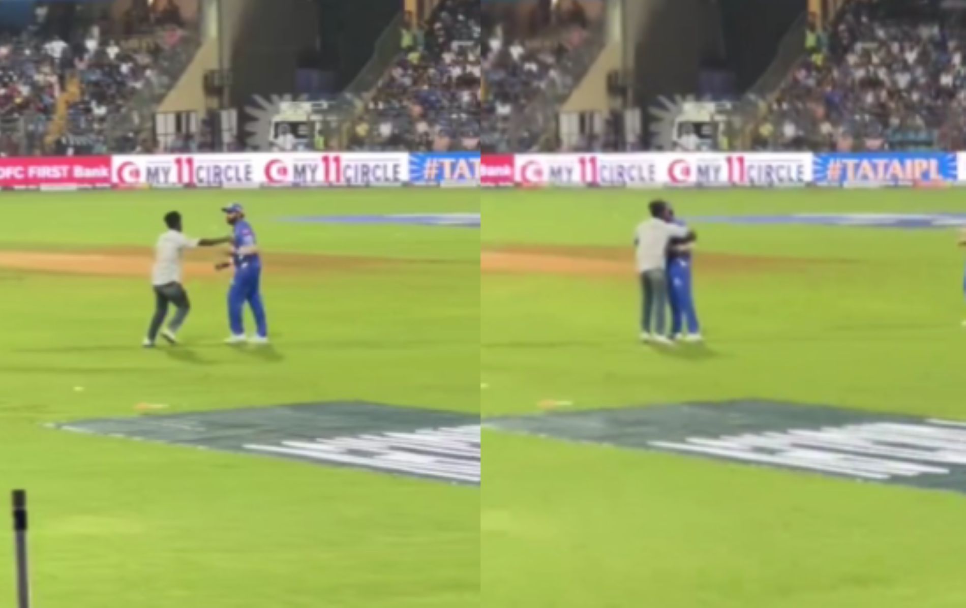Rohit was busy setting the field when a fan invaded the pitch at the Wankhede Stadium [Credit: Fan Twitter handle]