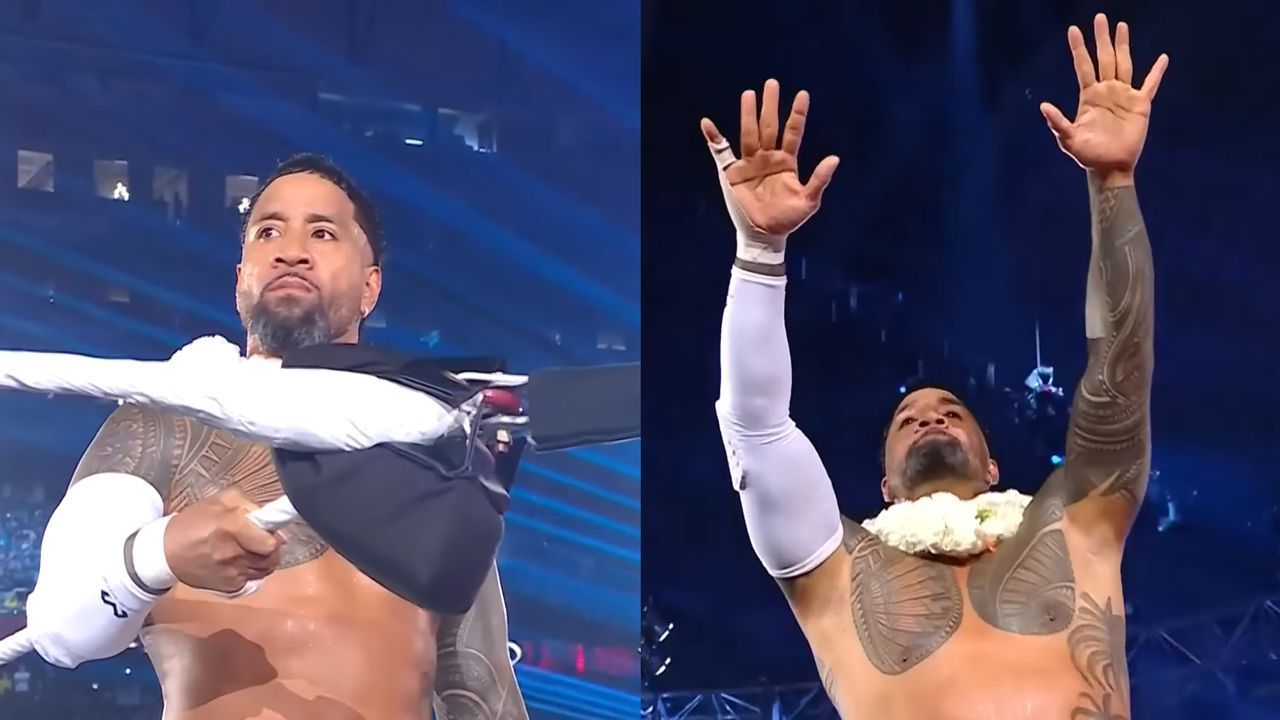 Jey Uso doing the YEET taunt (via WWE