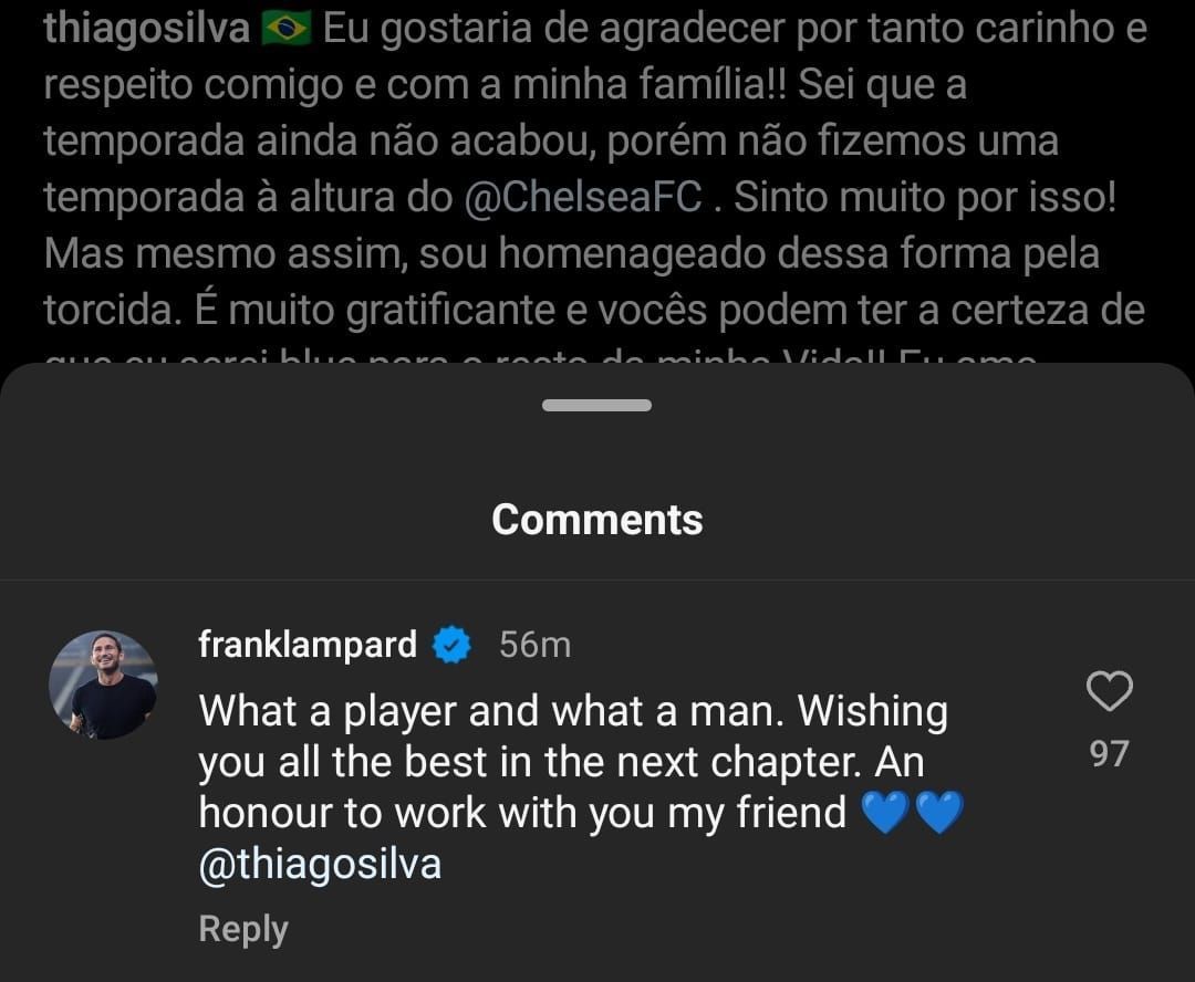 Frank Lampard&#039;s comment on Thiago Silva&#039;s Instagram post.