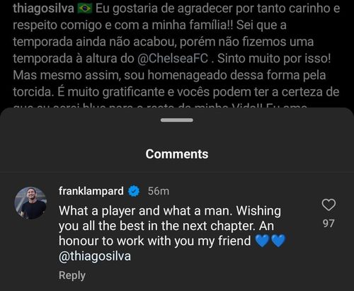 Frank Lampard's comment on Thiago Silva's Instagram post.