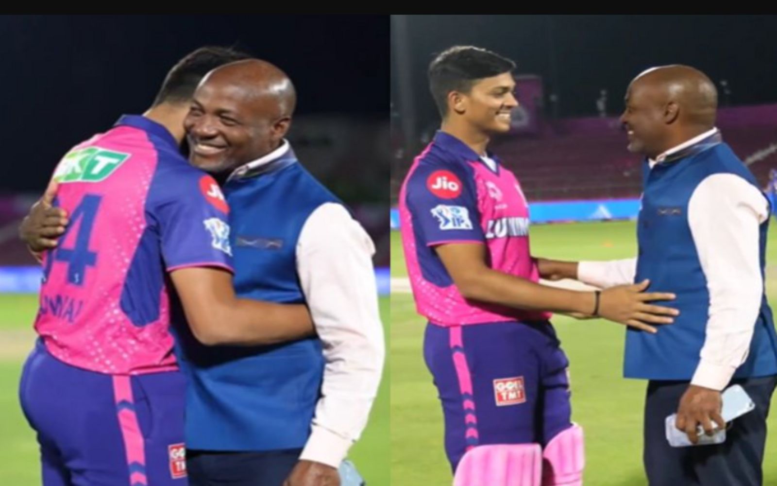 Jaiswal hugged Lara after the game against MI (Image: RR on X)