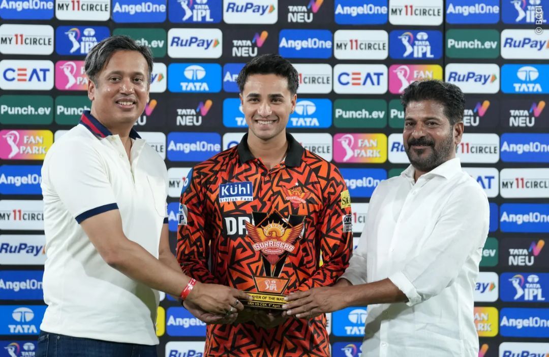 Abhishek Sharma receiving the POTM award