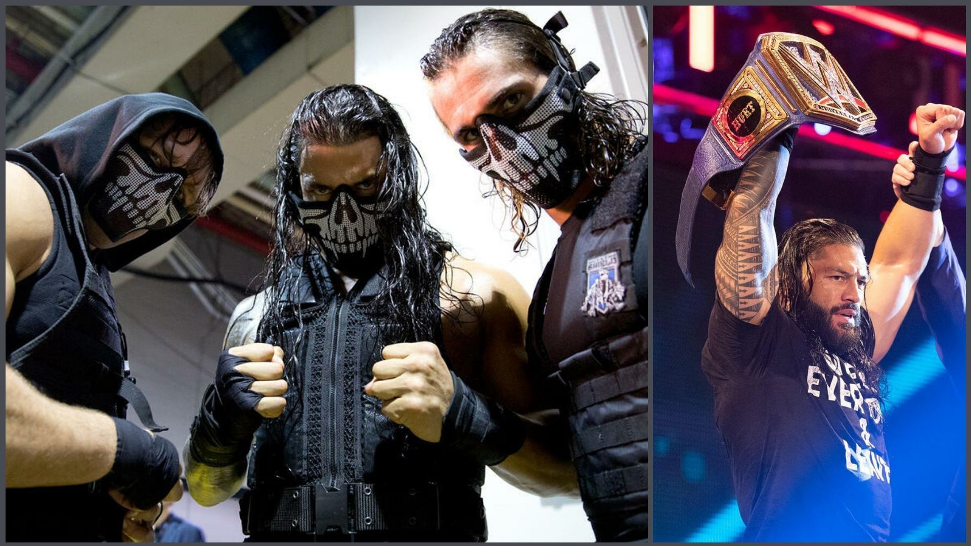 The Shield (left); Roman Reigns (right)