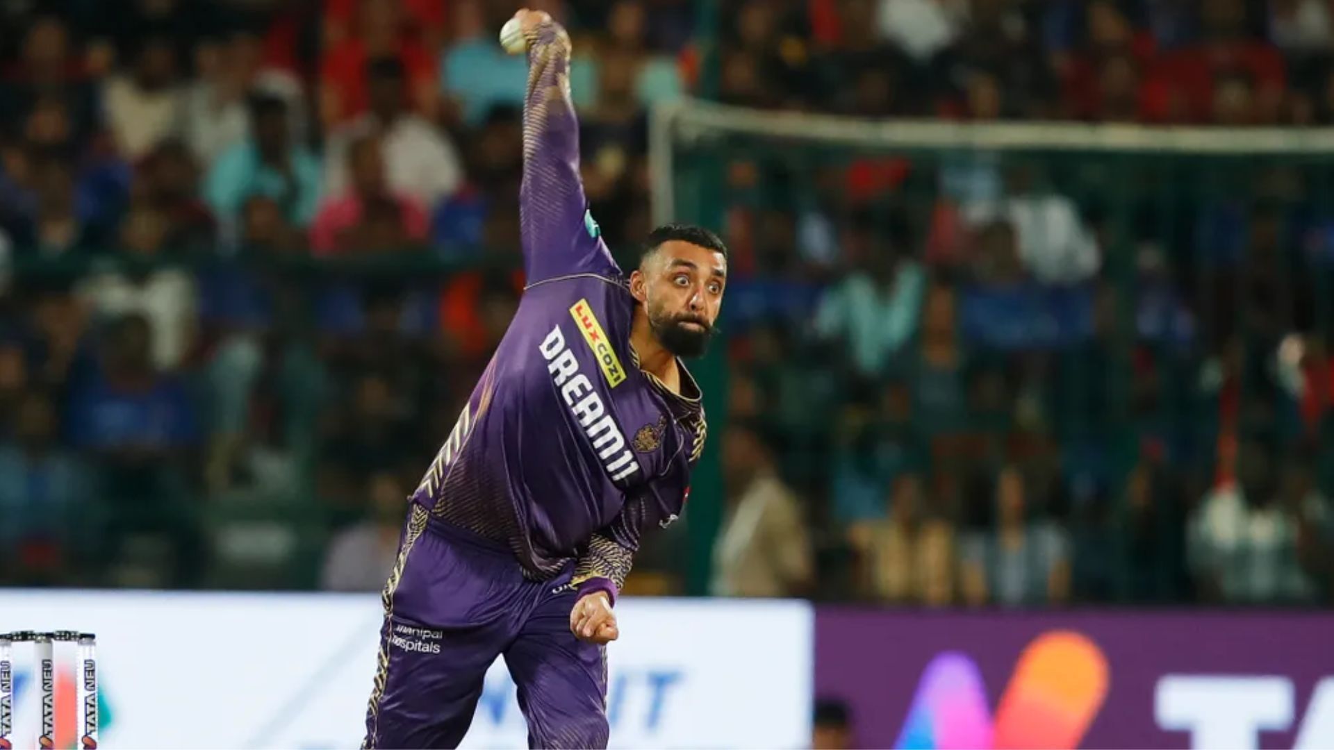 Varun Chakravarthy in action for KKR against RCB in IPL 2024