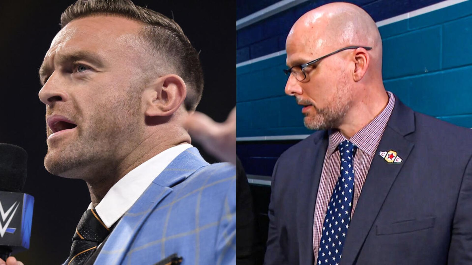 SmackDown GM Nick Aldis (left); RAW GM Adam Pearce (right)