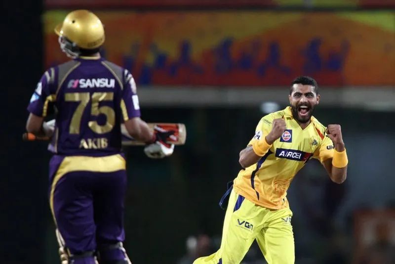 Ravindra Jadeja of CSK celebrates after dismissing KKR's Shakib al Hasan in match 21 of IPL 2014 (Photo by Shaun Roy/IPL)