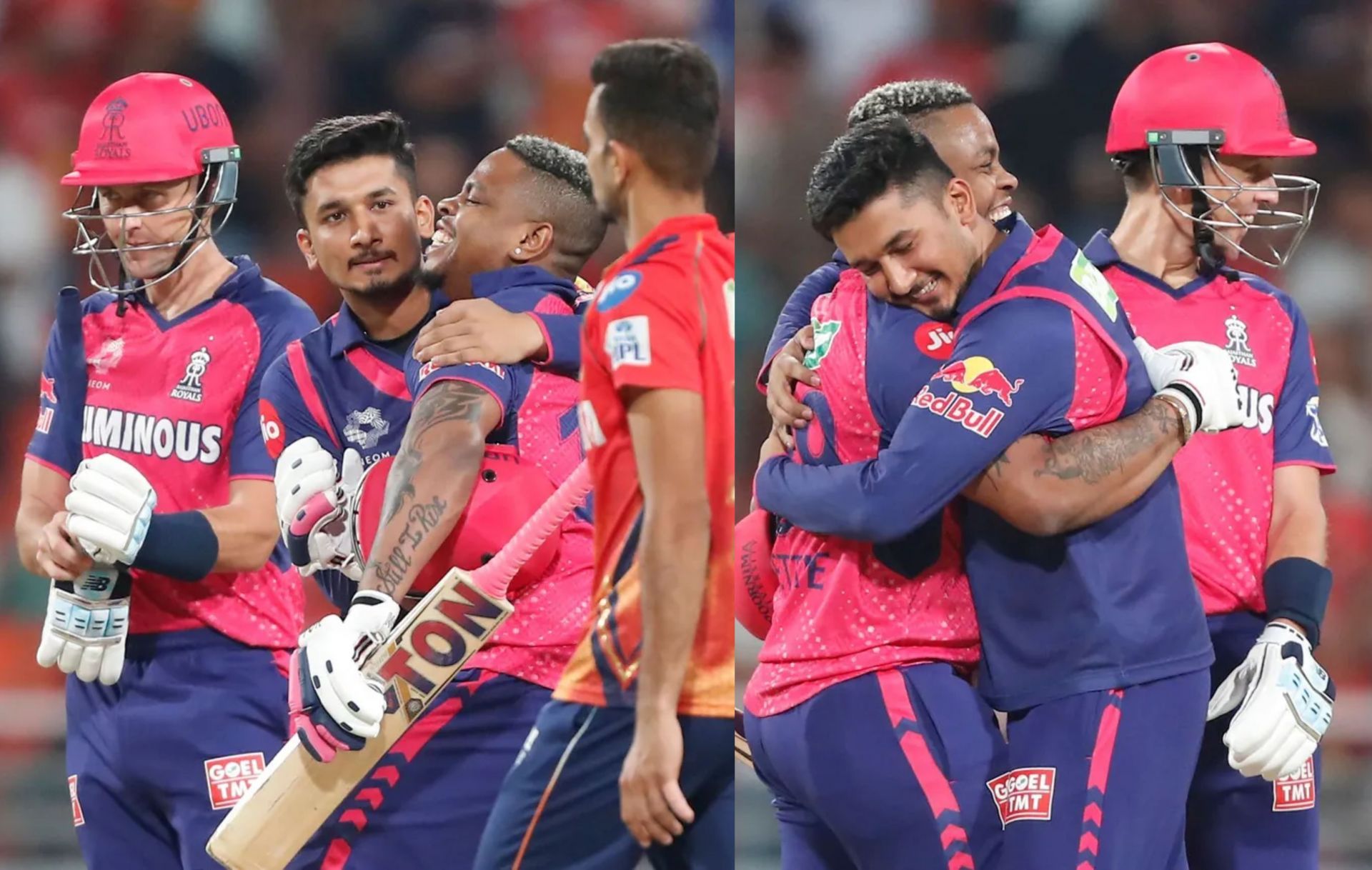 Shimron Hetmyer with his Rajasthan Royals teammates after win on Saturday. 