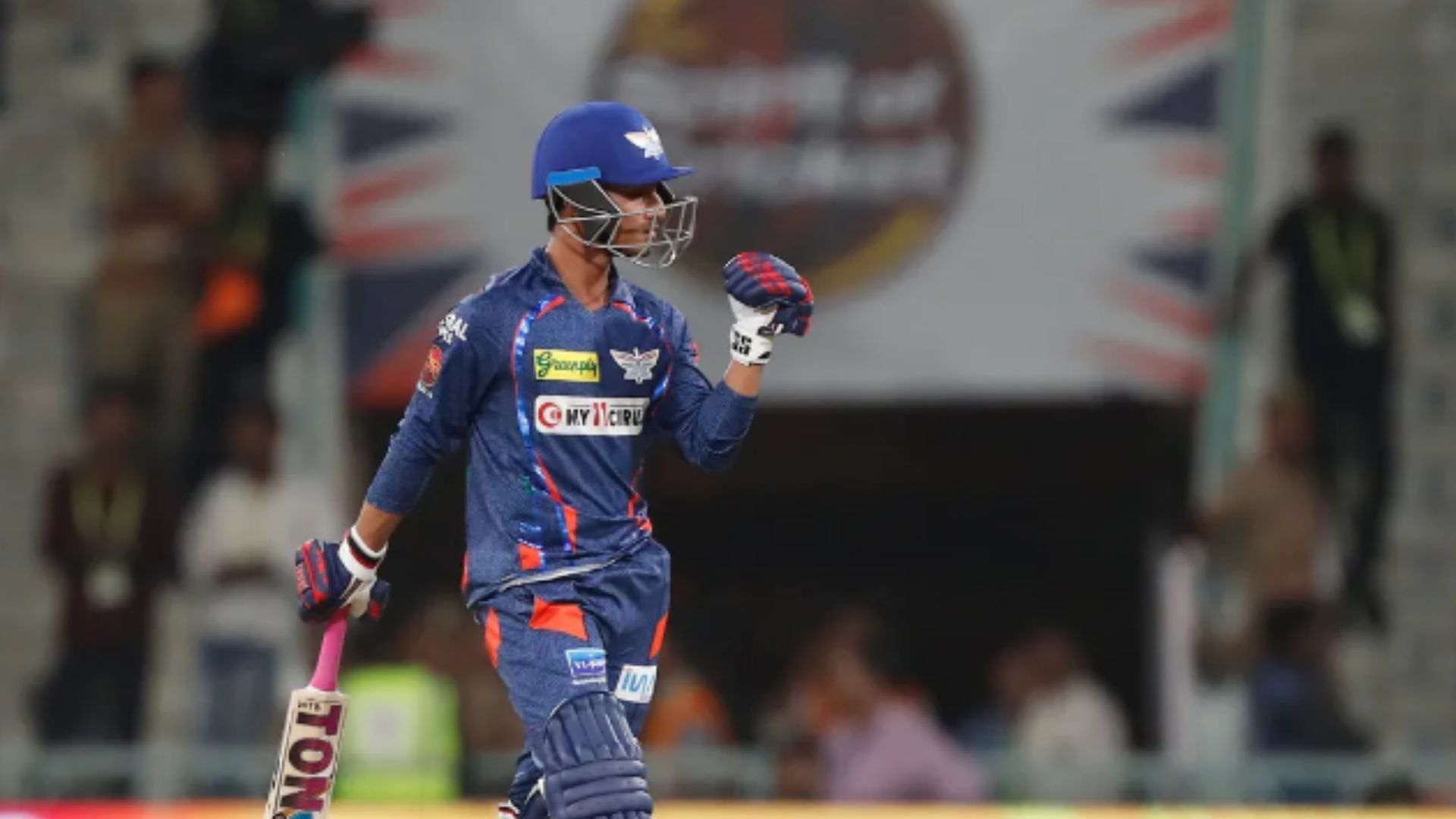 Ayush Badoni celebrates after scoring a half-century against DC. 