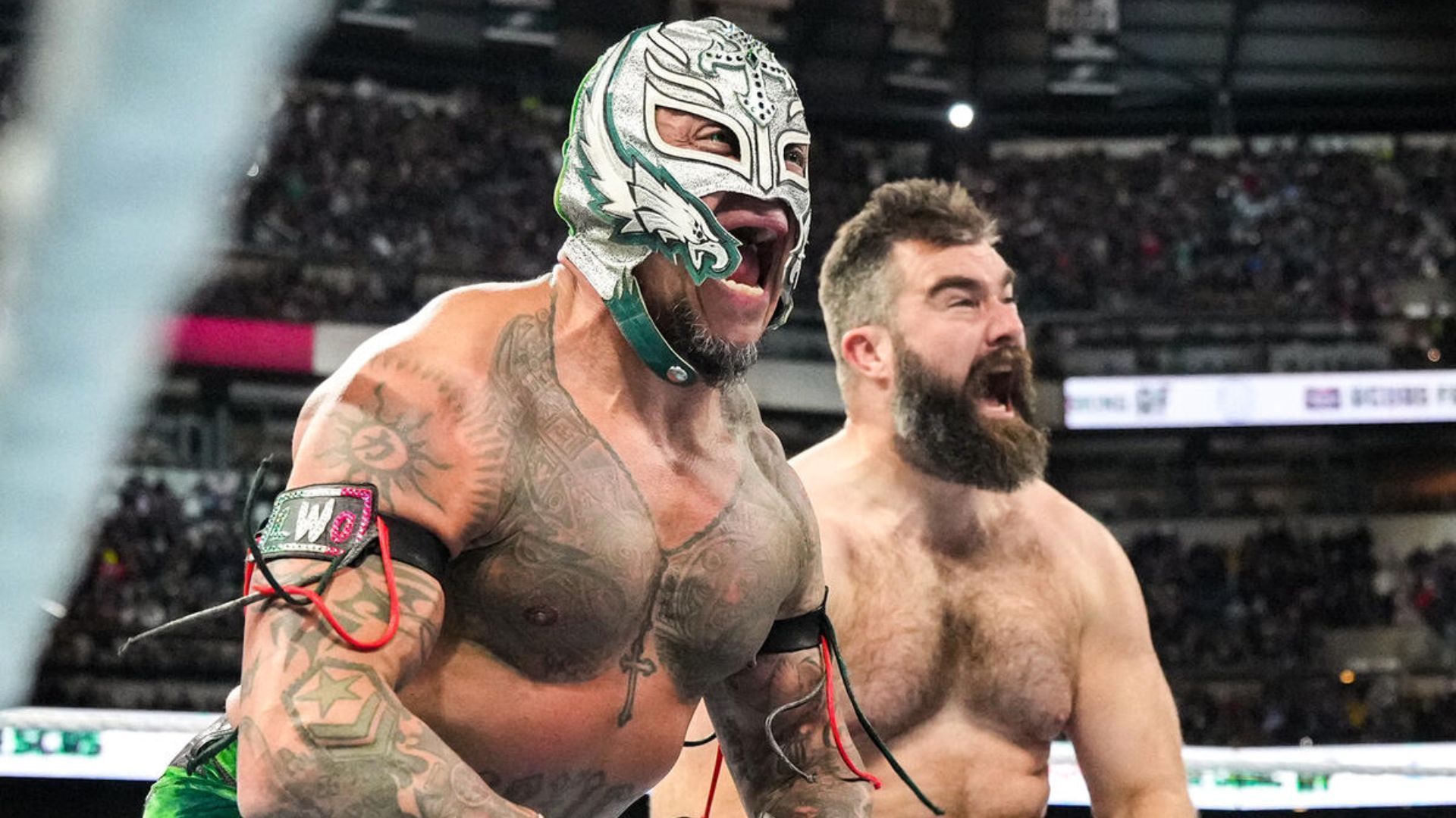 WWE Hall of Famer Rey Mysterio and Jason Kelce of Philadelphia Eagles (Credit: WWE)