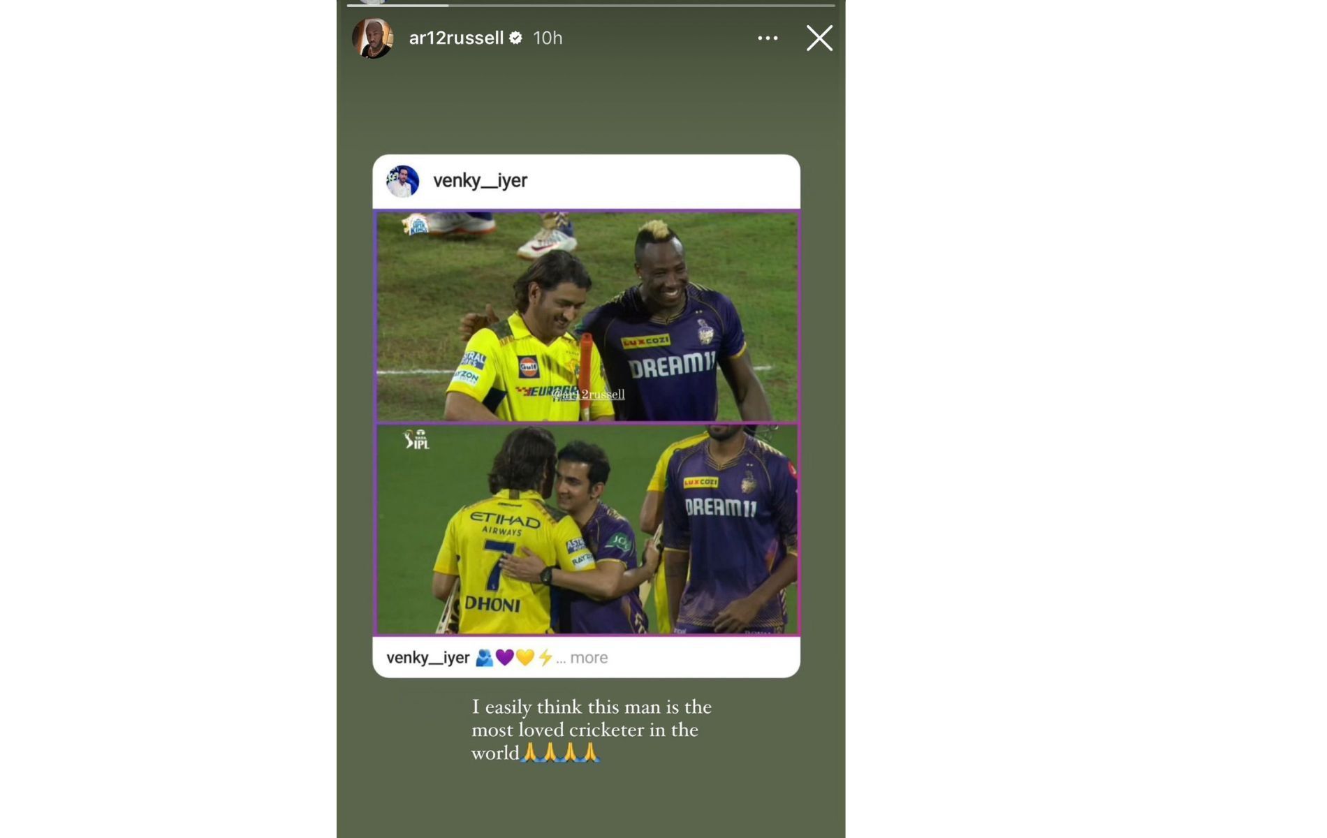 Andre Russell&#039;s Instagram story for MS Dhoni.