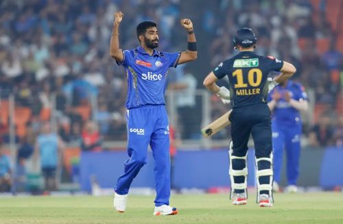 Jasprit Bumrah celebrating a wicket for MI