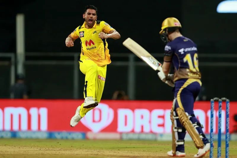 Deepak Chahar of CSK celebrates after taking wicket of Eoin Morgan during match 15 of IPL 2021 (Photo by Rahul Gulati/IPL)