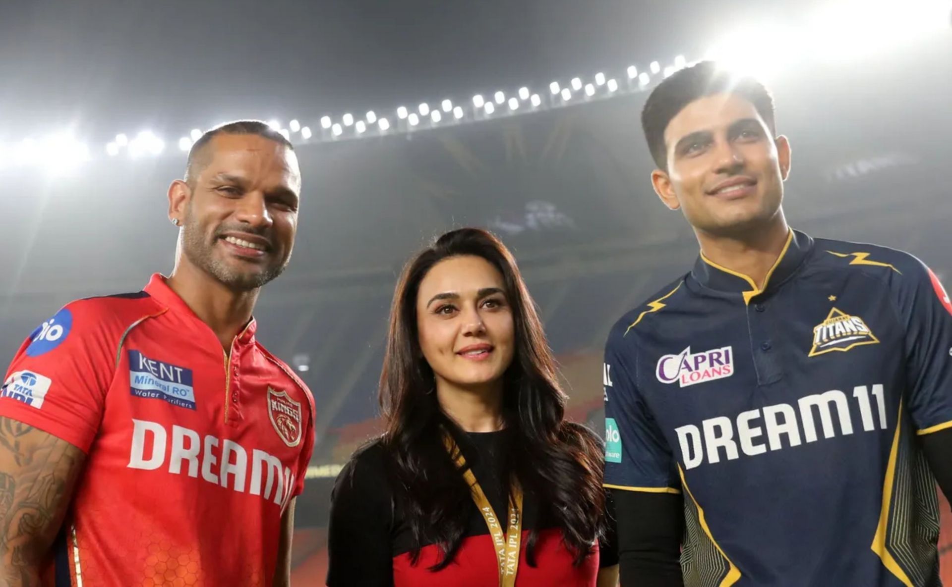 Preity Zinta posing with Shikhar Dhawan and Shubman Gill (Image credits: BCCI)